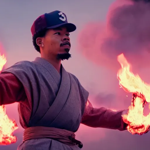 Image similar to cinematic film still of Chance The Rapper starring as a Samurai holding fire, Japanese CGI, VFX, 2022, 40mm lens, shallow depth of field, film photography