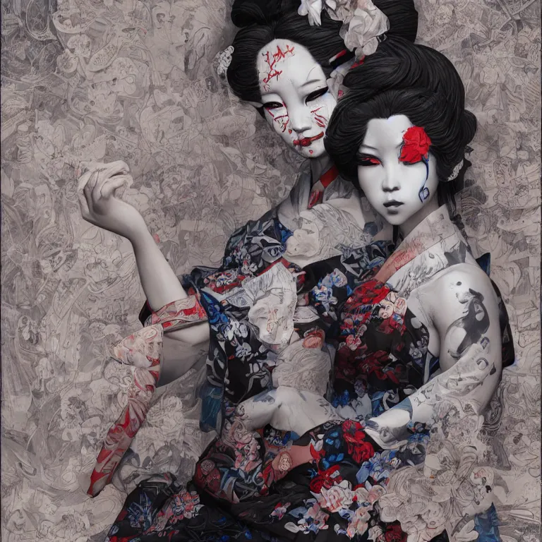 Image similar to disconfigured geisha, dark art by james jean, part by ross tran, part by ariduka 5 5, ultra realistic, high definition, 3 d render, masterpiece