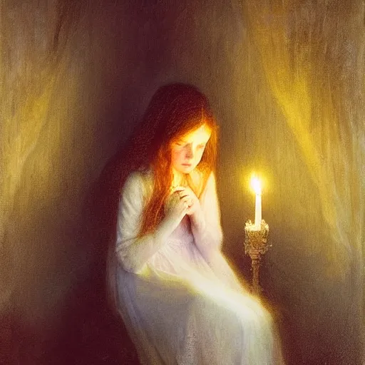 Prompt: pale young ghost girl, by mikko lagerstedt, by gaston bussiere, by jean deville, candlelight