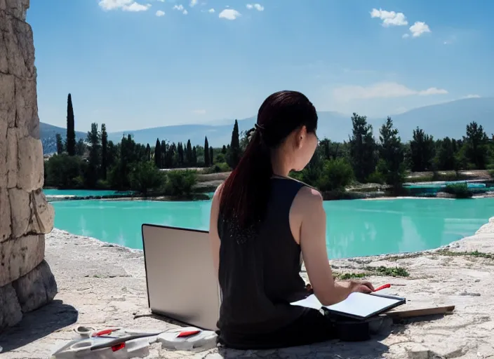 Image similar to Lee Jin-Eun hacking a laptop at Pamukkale by WLOP, rule of thirds, seductive look, beautiful, masterpiece, Refined
