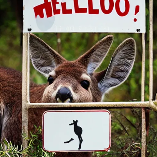 Image similar to <photograph signText(hello) caption(Kangaroo with a sign that says hello)/>