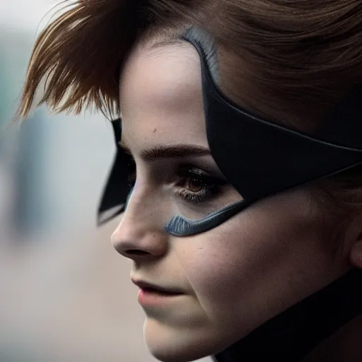 Image similar to Emma Watson as Catwoman, Fujifilm X-T3, 1/1250s at f/2.8, ISO 160, 84mm, 8K, RAW, symmetrical balance, Dolby Vision, HDR