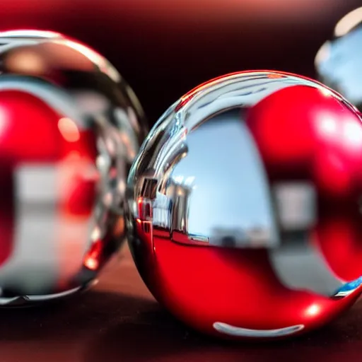 Prompt: chrome spheres on a red cube, helios 40 lens