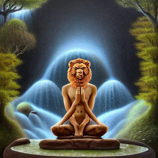 Image similar to an anthromorphic lion meditating in a zen garden with a waterfall under the blood moon, by Adi granov and afarin sajedi and amanda sage and evgeni gordiets and Agostino Arrivabene and adonna khare in a psychedelic portrait style, ultrarealistic matte painting, volumetric lighting, fractal, extremely symmetrical, highly detailed face, orisha, 8k, hd