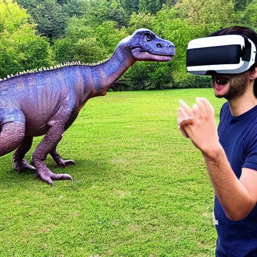 Image similar to A dinosaur playing VR