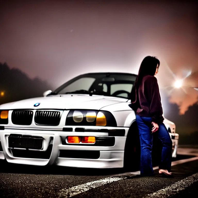 Prompt: close-up-photo Woman Driver standing against her car, BMW E36 turbo illegal meet, work-wheels, Gunma prefecture, misty at night, cinematic color, photorealistic, high detailed deep dish wheels, highly detailed, custom headlights, subtle neon underlighting