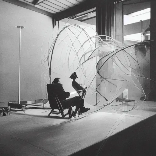 Image similar to filmstill of Marcel Duchamp working on a futuristic machine, long exposure, archival pigment print