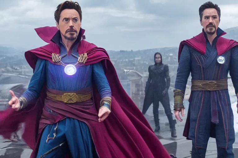 Prompt: film still of Robert Downey Jr as Doctor Strange in Avengers infinity War