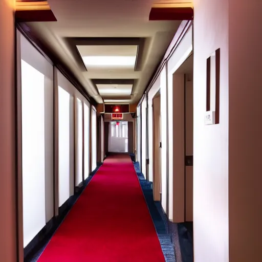 Image similar to an erie hotel corridor with red carpet, at the end of the corridor the light comes from a window, dust particles in the air