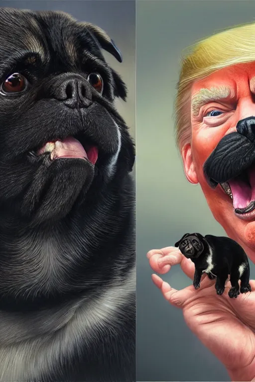 Image similar to photorealistic portrait photograph of donald trump with a black pugalier, handsome, depth of field, soft focus, highly detailed, intricate, realistic, national geographic cover, soft glow, textured, artstation, concept art, sharp focus, illustration, art by artgerm and greg rutkowski and alphonse mucha