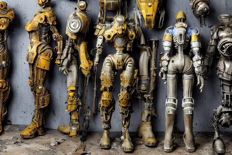 Image similar to photo taken of an epic intricate, ultra detailed, super realistic gritty, hero prop, exquisitely weathered fallout 4 power amour suit movie prop replica's in a row in the workshop, created by weta workshop, full body shot, photorealistic, sharp focus, white wall, cold colour temperture, golden ratio