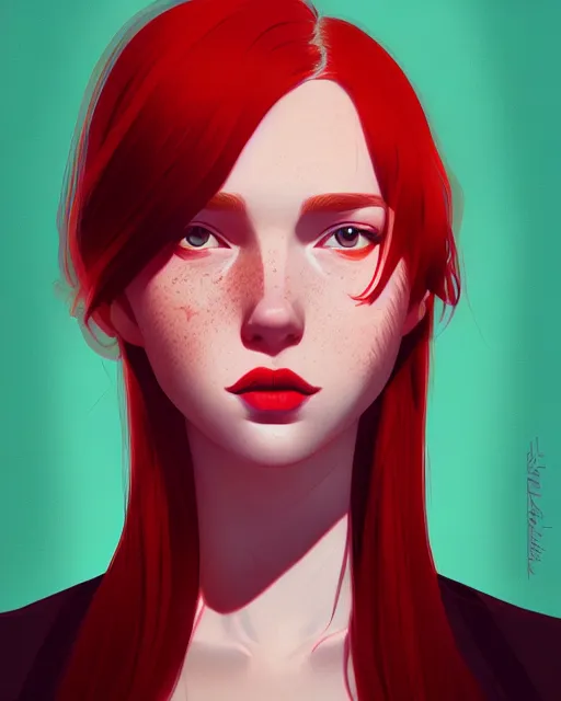 Prompt: a detailed portrait of a woman with red hair and freckles by ilya kuvshinov, digital art, dramatic lighting, dramatic angle