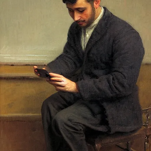 Image similar to A photorealistic painting of a man looking at his iphone in the style of Eugene de Blaas