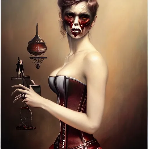 Image similar to by Tom Bagshaw, ultra realist soft painting of a carnival curiosities, beautiful single female zombie in a corset, symmetry accurate features, very intricate details, focus, curvy, award winning, ultra dense fog