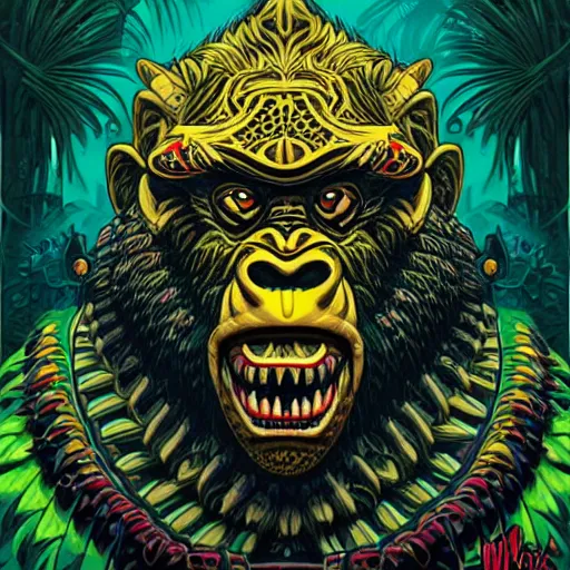 Image similar to barong family member, wiwek, mara demon, one single tribe member, jungle, one single mask, dark, ancient warrior, gorilla, lizard, tribal, inner glow, art by dan mumford and justin gerard