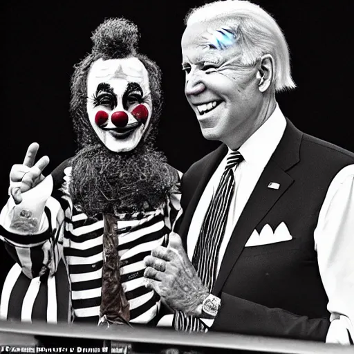Image similar to Joe Biden with clown make-up all over his face inside a circus