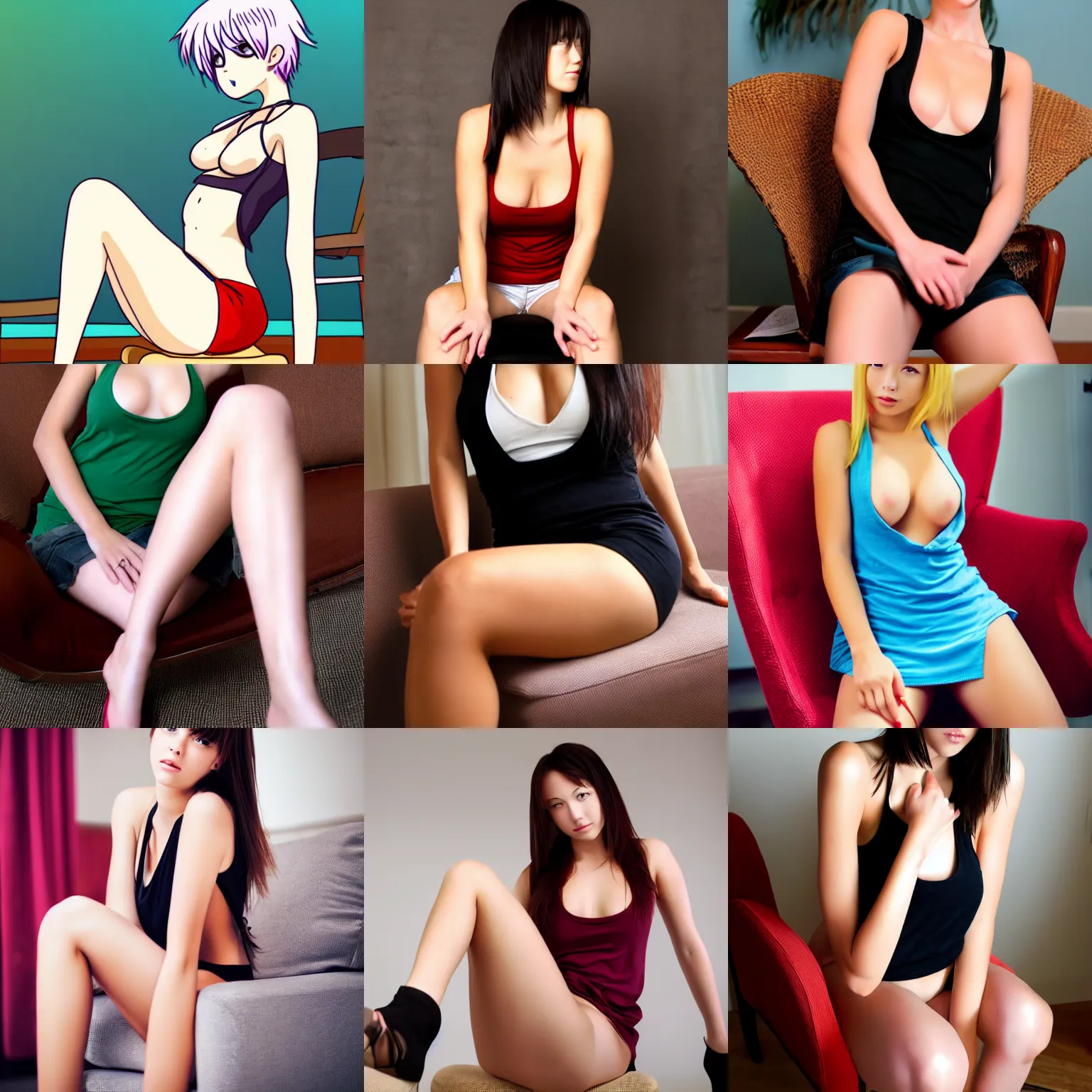 Prompt: sexy girl wearing a low cut tanktop, sitting on a chair, high definition anime