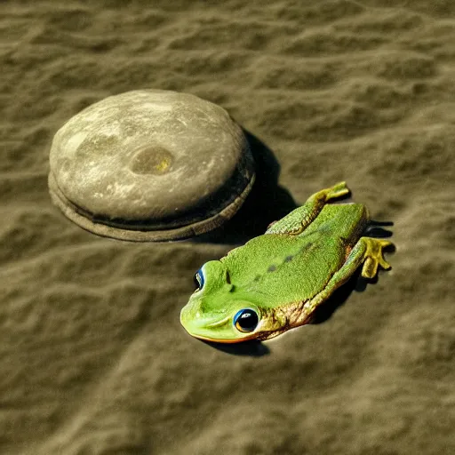 Image similar to a flounder and a frog in love on the moon realistic photo