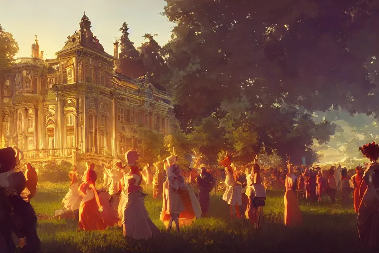 Image similar to an ornate baroque palace, party in front, scene in an open field. key visual, conceptart, ambient lighting, highly detailed, digital painting, artstation, concept art, sharp focus, by makoto shinkai and akihiko yoshida and greg manchess