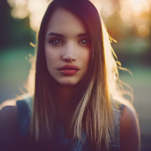 Image similar to closeup photo of a beautiful woman face, golden hour, bokeh, 8 0 mm lens, polaroid