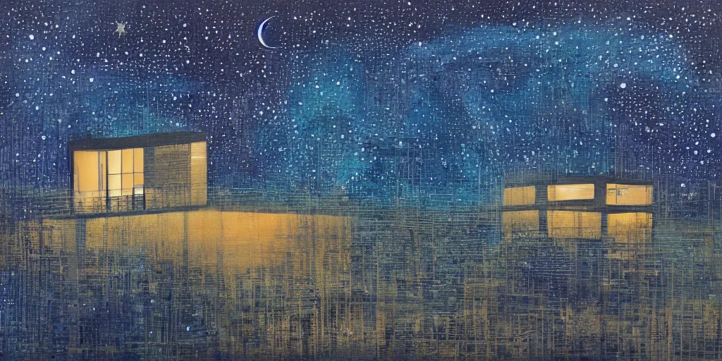 Image similar to stary night painting, norman foster tower, house, city