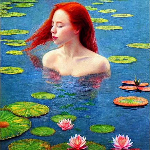 Prompt: oil painted impressionism style, A red-haired girl bathes in a lake where water lilies are floating, High definition, detailed,