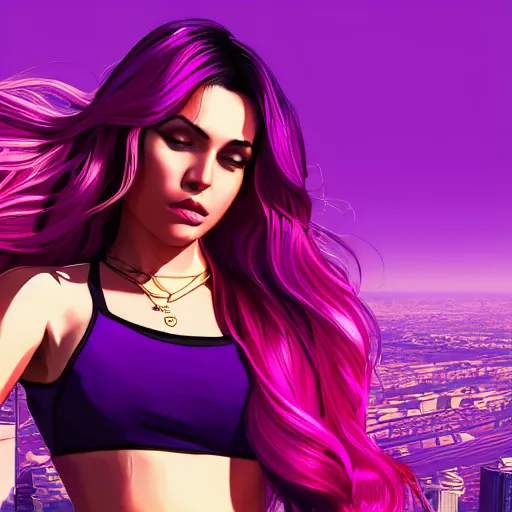 Image similar to a stunning GTA V loading screen with a beautiful woman with ombre hairstyle in purple and pink blowing in the wind, city streets, golden ratio, digital art, trending on artstation