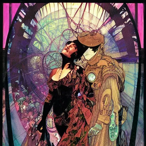 Image similar to cyberpunk dreaming by dave mckean and alphonse mucha and bill sienkiewicz