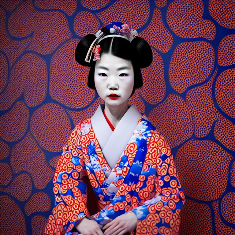 Image similar to hyperrealistic detailed image of a geisha in a art installation room, hd smooth interior by yayoi kusama, part by kei mieno, part by ross tran, dark art by james jean, ultra realistic, highly detailed, life like face, detailed body, 8 k, 3 d render by roger magrini, very cohesive, masterpiece