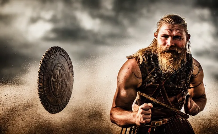 Image similar to old vintage full body photo of ancient viking warrior with full beard during motorsports event, extreme sports photography ,super high speed photography, dynamic photography,symmetrical face, clean face, muscular body, high speed,dirt and grawel in air, lens flares, dust partiles in the air, dramatic lighting, intricate, highly detailed, centered, smooth, sharp focus, sports photography, old photo, black and white, sepia, cinematic lighting, cinematic angle, national geographic