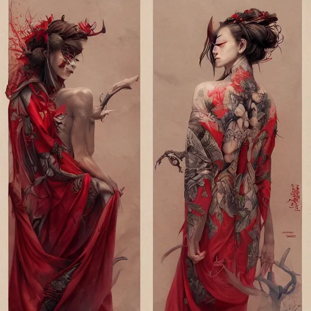 Image similar to ultra realistic illustration, beautiful ethereal woman dressed in red kimono, backview, tattoos, in the style of peter mohrbacher by weta digital and beth cavener, high face symmetry, intricate, masterpiece, award winning, high face symmetry, intricate