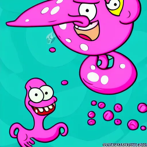 Image similar to pink jellyfish from the cartoon SpongeBob Squarepants hits SpongeBob with a metal sieve