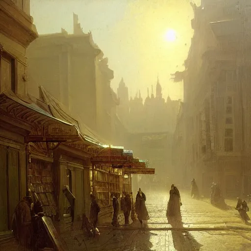 Prompt: painting of a scifi ancient civilzation victorian book shop with pillars on a sidewalk, andreas achenbach