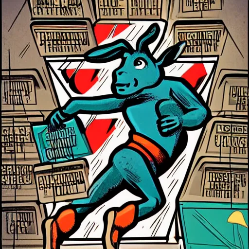 Image similar to illustration of a donkey chasing a human, highly detailed, by butcher billy