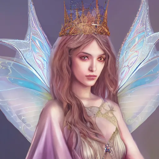 Image similar to detailed portrait of a fairy queen with wings wearing a magic silk and lace robe with a hood, crown, pixie, iris, realism, emerald, galaxy, sapphire,blonde hair going down to the floor, moonlit, dark fantasy, dramatic lighting, cgsociety, artstation