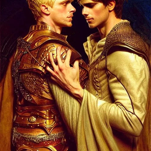 Prompt: stunning arthur pendragon in love with stunning male merlin the mage. they are close to each other, touching, looking. highly detailed painting by gaston bussiere, craig mullins, j. c. leyendecker