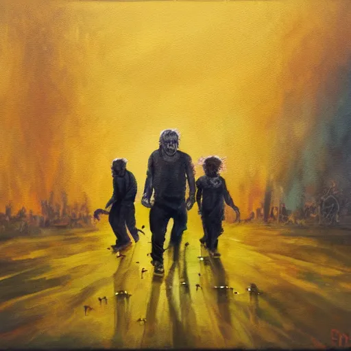 Image similar to painting of zombies walking in a yellow sky