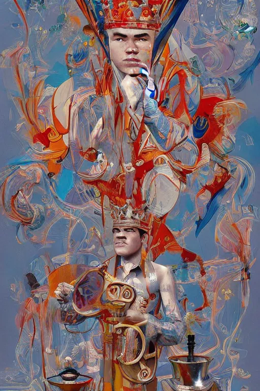 Image similar to a painting of magnus carlsen as king of chess, a surrealist painting by james jean, trending on cgsociety, pop surrealism, androgynous, grotesque, angular