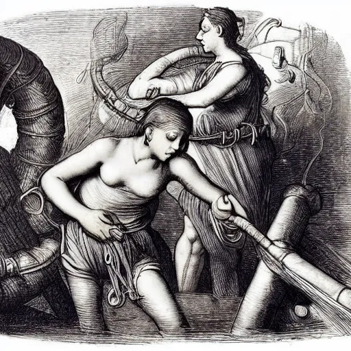 Prompt: placid, melancholic craquelure, chiaroscuro by alison bechdel, by george cruikshank, by leonardo da vinci. a illustration of woman entangled in the pipes and cables like laocoon