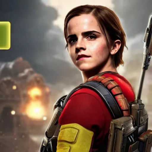 Image similar to emma watson as super mario super mario in gears of war destiny 2, splash art, movie still, cinematic lighting, dramatic, octane render, long lens, shallow depth of field, bokeh, anamorphic lens flare, 8 k, hyper detailed, 3 5 mm film grain