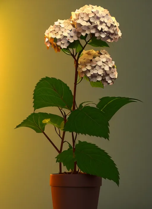 Prompt: an isolated hydrangea plant, 3 d rendered, art nouveau style, ultra realistic, masked transparent flat background, popular on sketchfab, pixelsquid, 8 k, volumetric lighting, super focused, no blur, trending on artstation, octane render, ultra detailed, hyperrealistic, by alphonse mucha