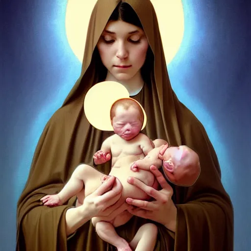 Image similar to the virgin mary holding fetus embryo baby saviour, highly detailed, digital painting, concept art, smooth, sharp focus, illustration, surrealist, absurd, humorous, photoshop, art by artgerm and greg rutkowski and alphonse mucha