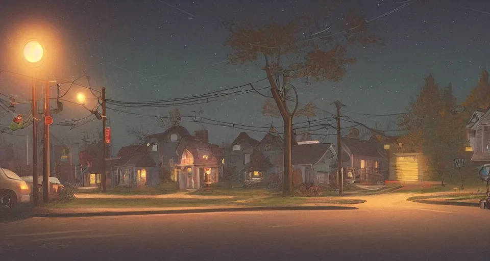 Prompt: a quaint suburban street at night inspired by simon stalenhag