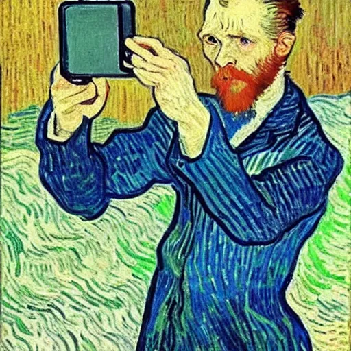 Image similar to iphone selfie, phone in hand, by van gogh