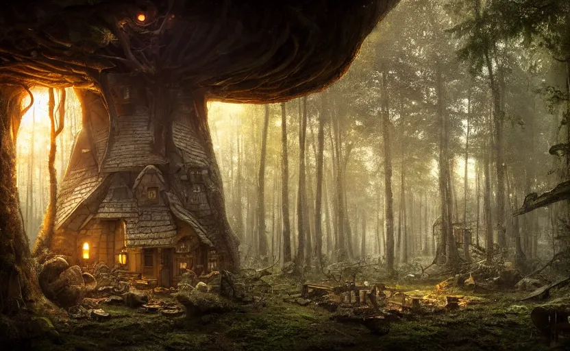 Image similar to A mushroom house in a tall mushroom, warm light coming from the windows, in a dark forest, macro, cool tones, underexposed, overecast, mysterious matte painting by greg rutkowski and marc simonetti and Ivan Shishkin, 4k