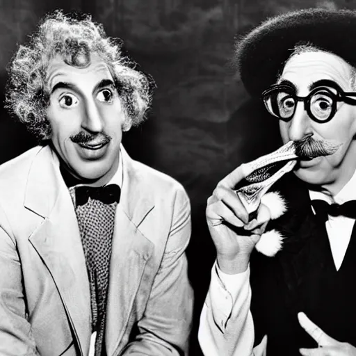 Prompt: harpo marx and groucho marx dines together. harpo marx does not wear a moustache