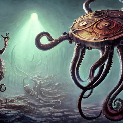 Image similar to fantasy steampunk giant Squid with tentacles frantically playing a big rock&roll drum set in the spotlight undersea dystopian photorealistic, by Philipp A. Urlich and Pengzhen Zhang and Andreas Rocha, fantasy, intricate, elegant, highly detailed, digital painting, artstation, blender, unreal engine 5, octane render, smooth, sharp focus, illustration