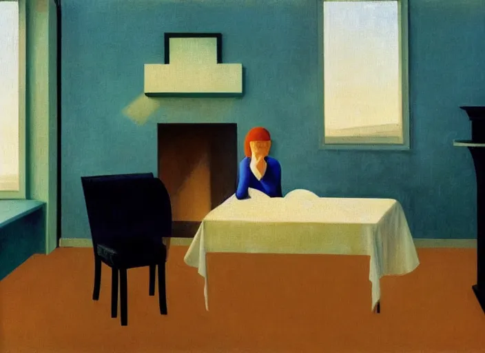 Image similar to two people in a surreal hotel room in afternoon light, open ceiling, oil painting by edward hopper, chirico and rene magritte