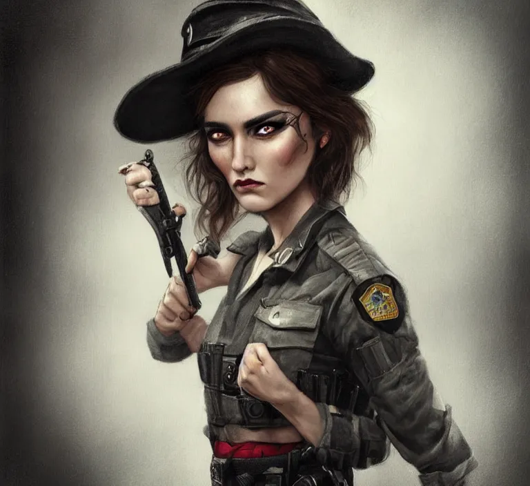 Image similar to a rugged and sarcastic female cop in the style of tom bagshaw