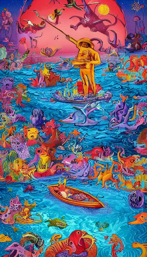 Prompt: man on boat crossing a body of water in hell with creatures in the water, sea of souls, by lisa frank,